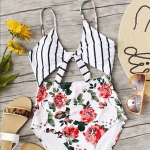Floral & Striped Tie Front One Piece Swimsuit